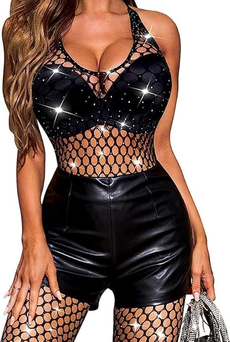 Sparkle Rhinestone Mesh Tights One Piece Teddy Lingerie