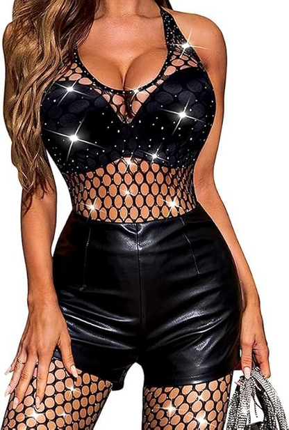 Sparkle Rhinestone Mesh Tights One Piece Teddy Lingerie